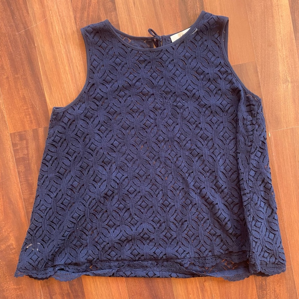LOFT Navy Sleeveless Sheer Top w/ Scallop Hem, Large